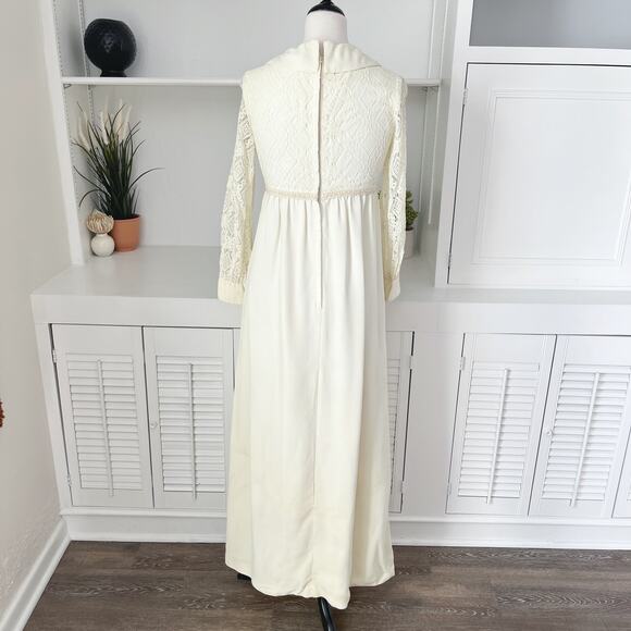 Vintage 60s Mod Handmade Peter Pan Collar Button Bib Lace Wedding Dress Size 0 - Picture 5 of 7